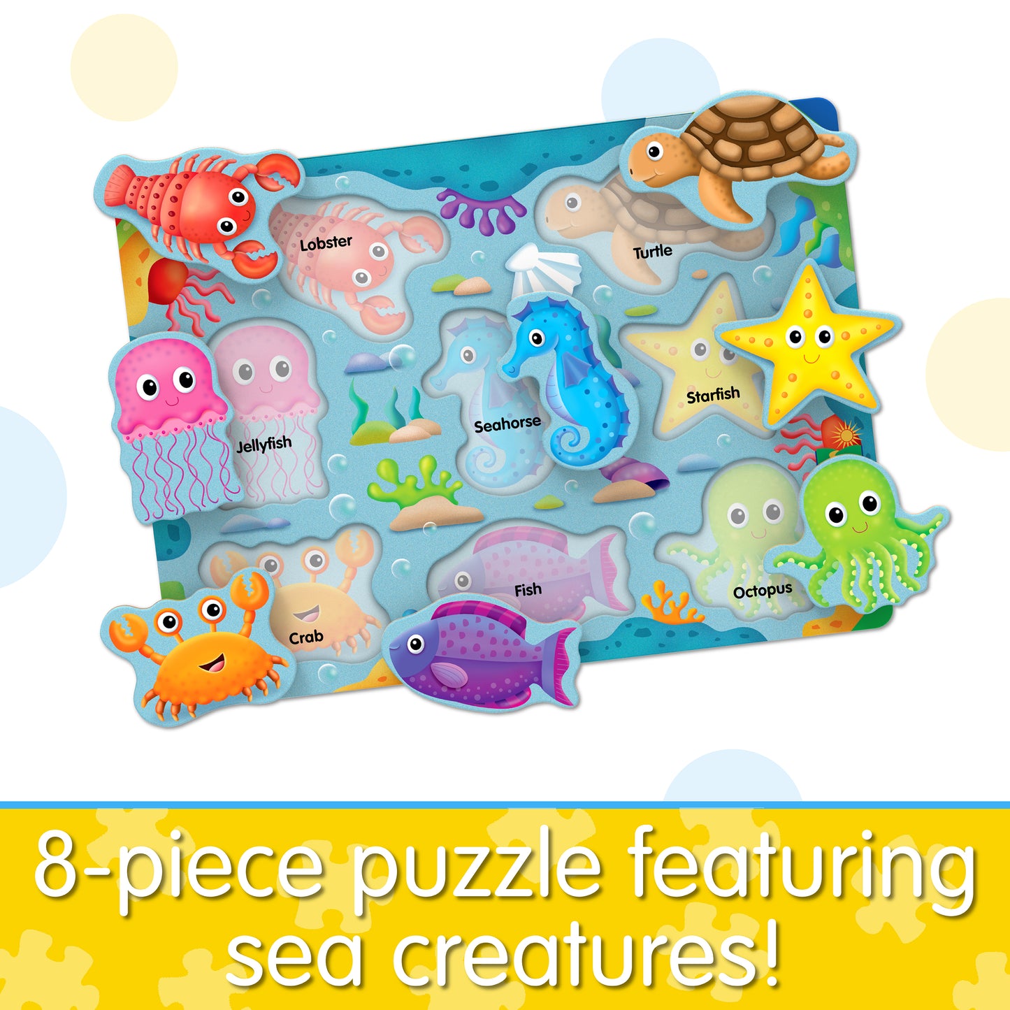 Infographic about My First Lift and Learn Under the Sea Puzzle that says, "8-piece puzzle featuring sea creatures!"