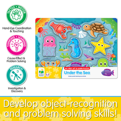 Infographic about My First Lift and Learn Under the Sea Puzzle's educational benefits that says, "Develop object-recognition and problem solving skills!"